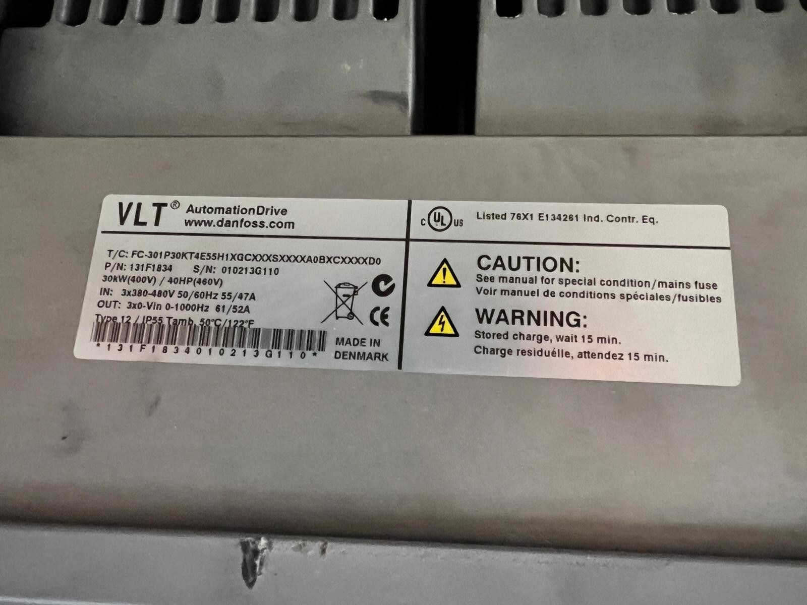 DANFOSS VLT AUTOMATION DRIVE 131F1834 FC-301P30KT4E55H1XGCXXXSXXXXA0BXCXXXXD0