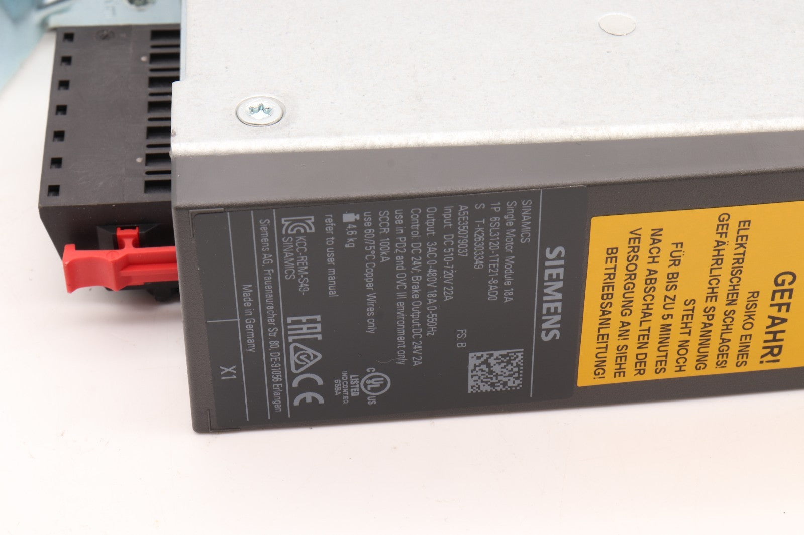 SIEMENS SINAMICS SINGLE MOTOR MODULE 18A 6SL3120-1TE21-8AD0
