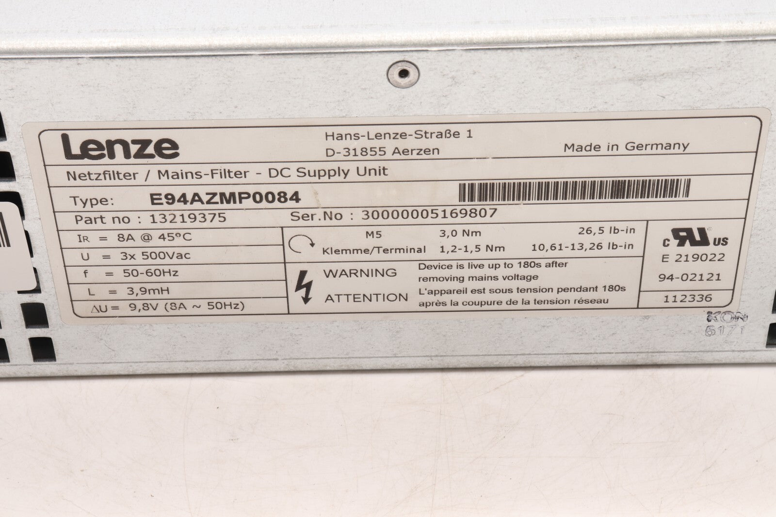 LENZE	MAINS-FILTER - DC SUPPORT UNIT	E94AZMP0084