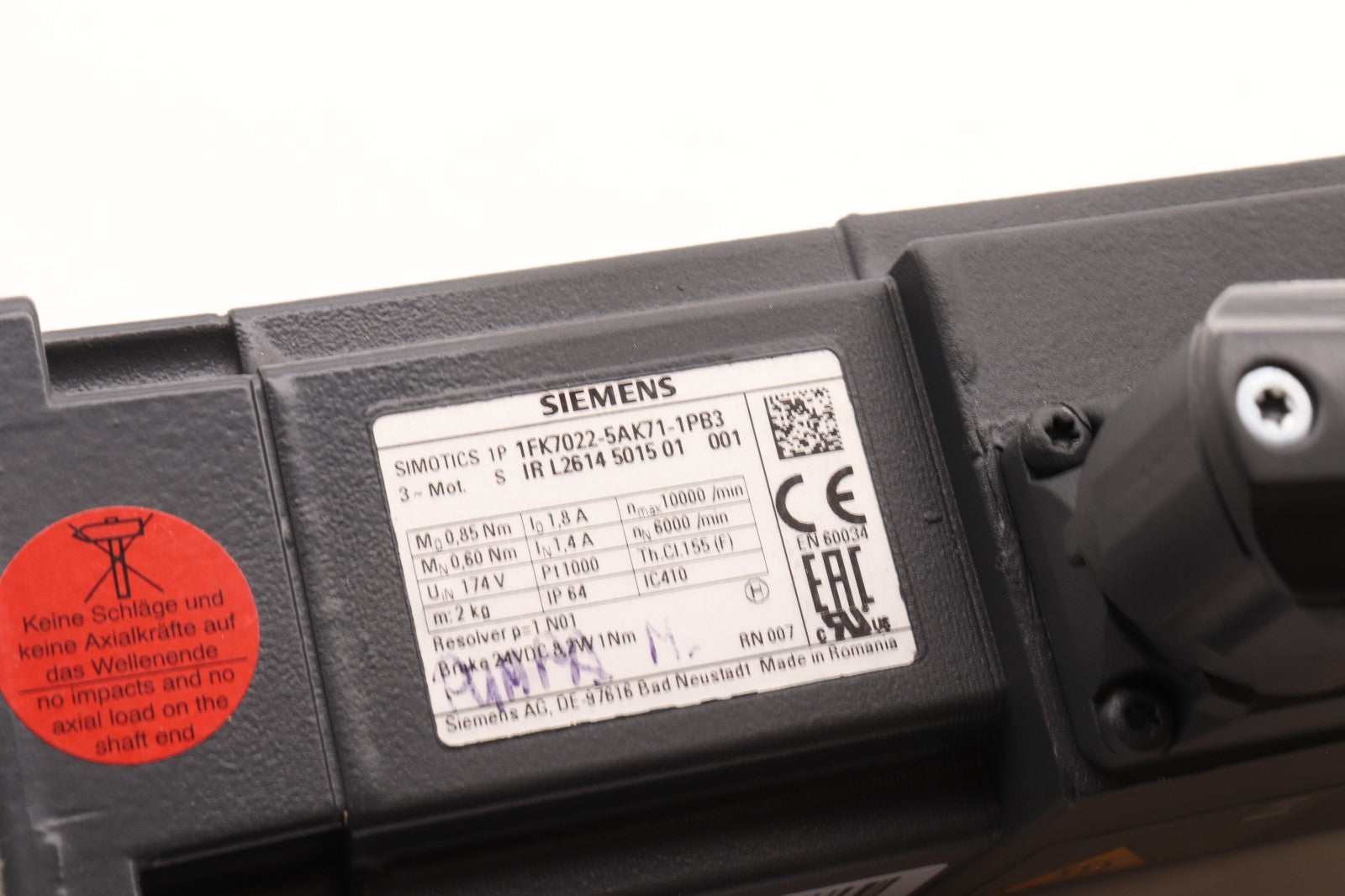SIEMENS 3 PHASE MOTOR 1FK7022-5AK71-1PB3