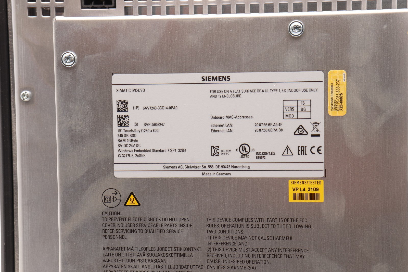 SIEMENS	SIMATIC IPC477D	6AV7240-3CC14-0PA0