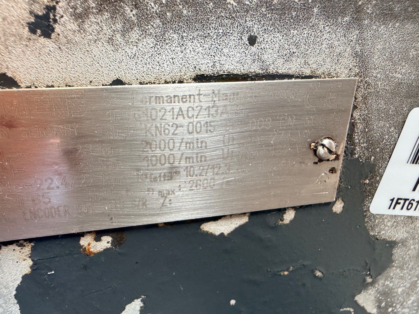 SIEMENS	3 PHASE PERMANENT MAGNET MOTOR	1FT6102-1AC71-3AG1