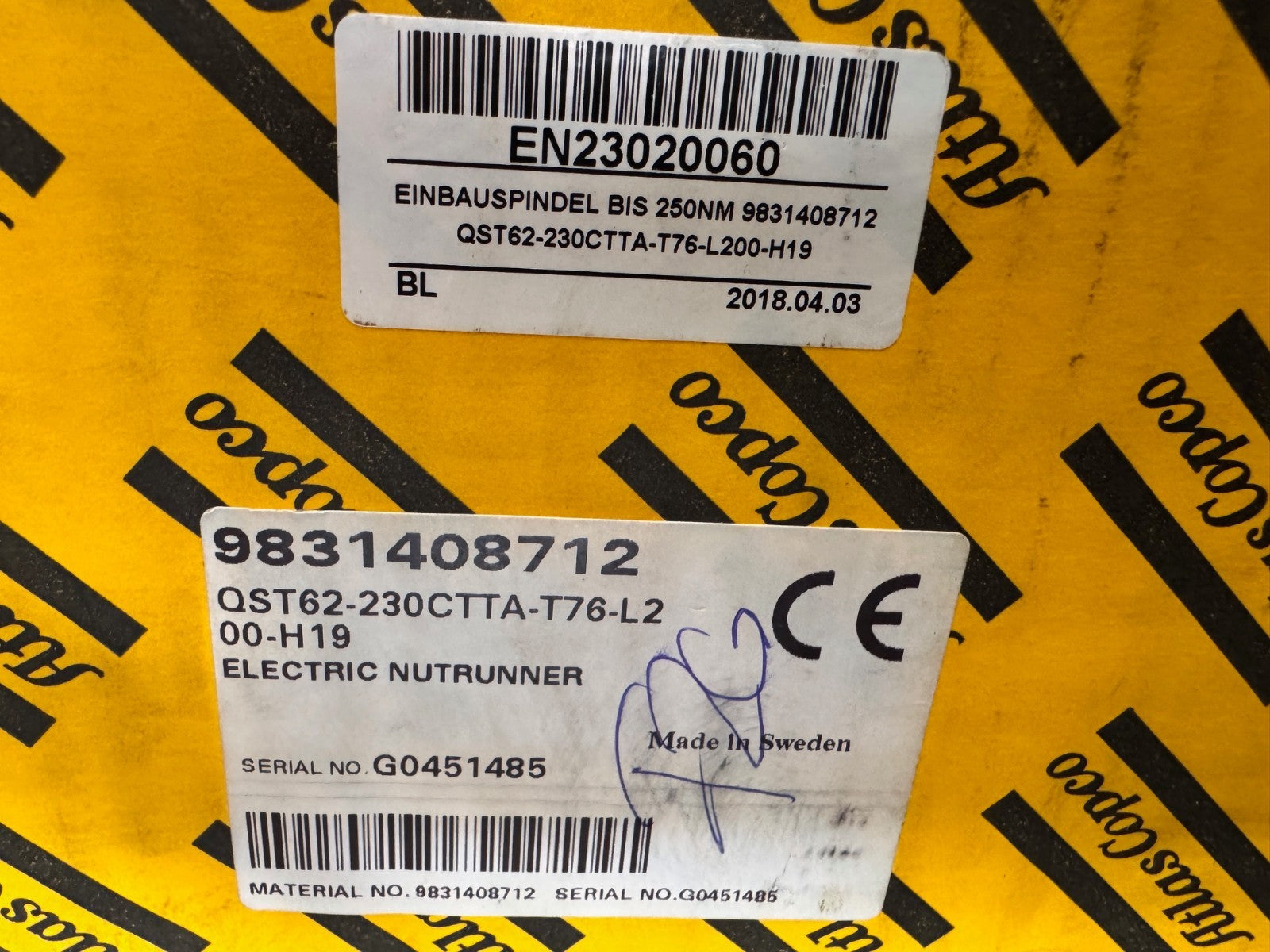 ATLAS COPCO ELECTRIC NUTRUNNER ORDER NUMBER: 9831408712 QST62-230CTTA-T76-L200-H