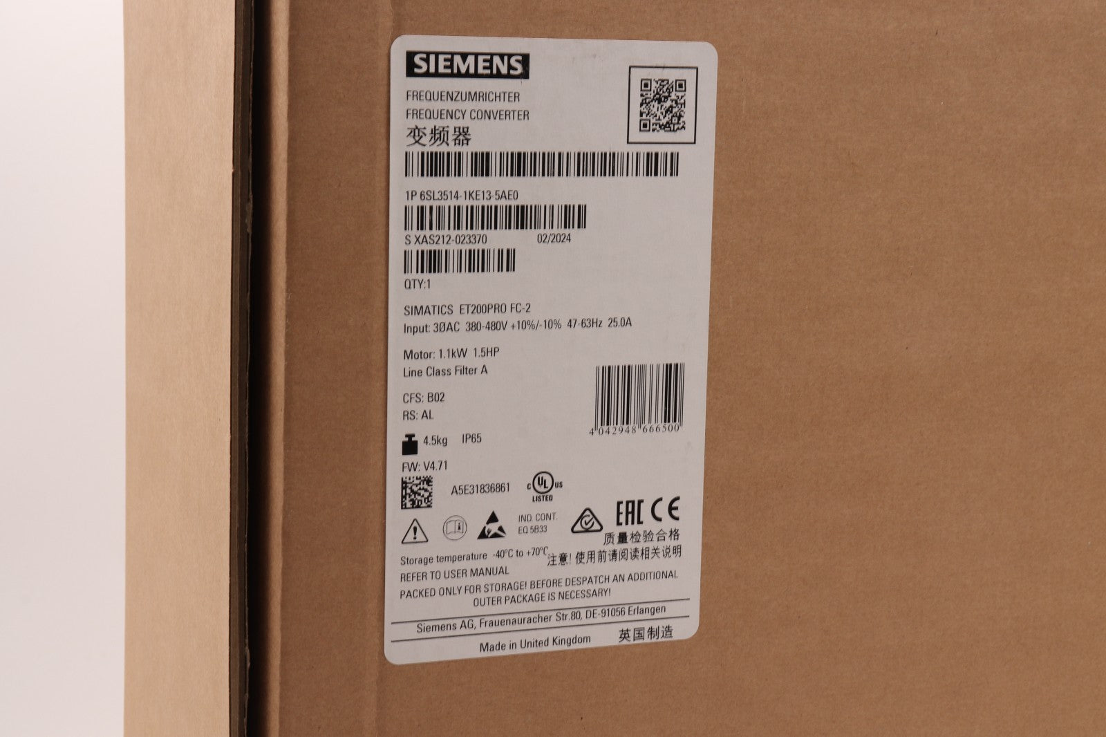 SIEMENS FREQUENCY CONVERTER 6SL3514-1KE13-5AE0