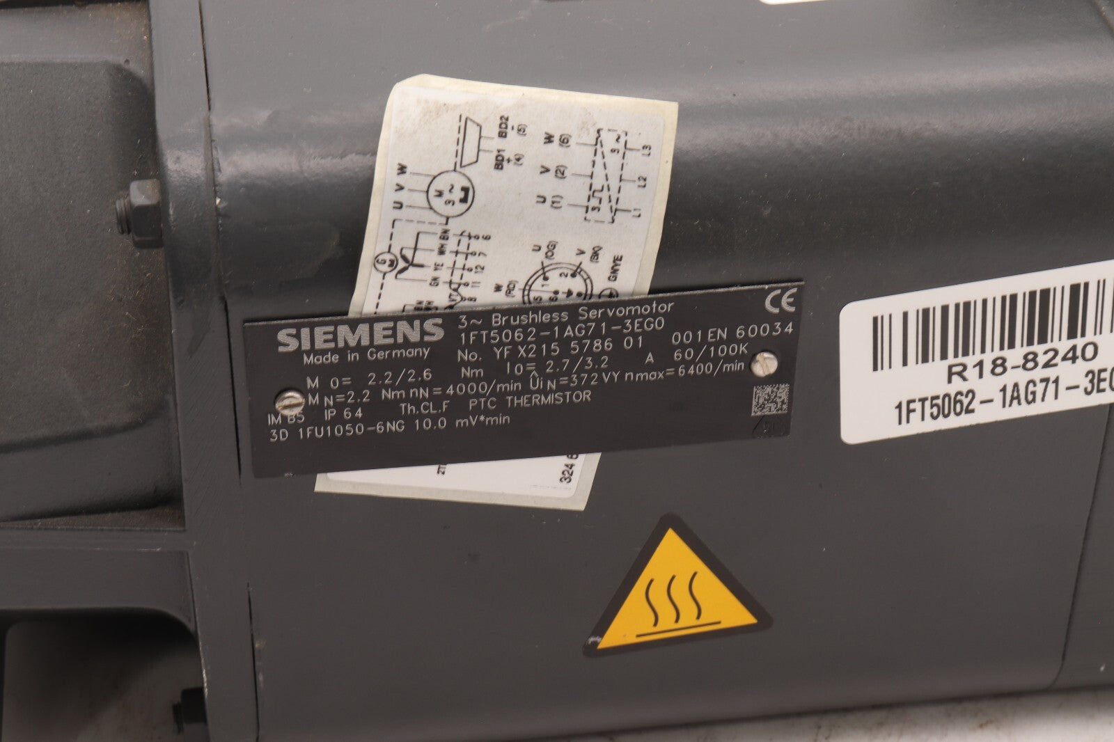 SIEMENS	3 PHASE BRUSHLESS SERVO MOTOR	1FT5062-1AG71-3EG0