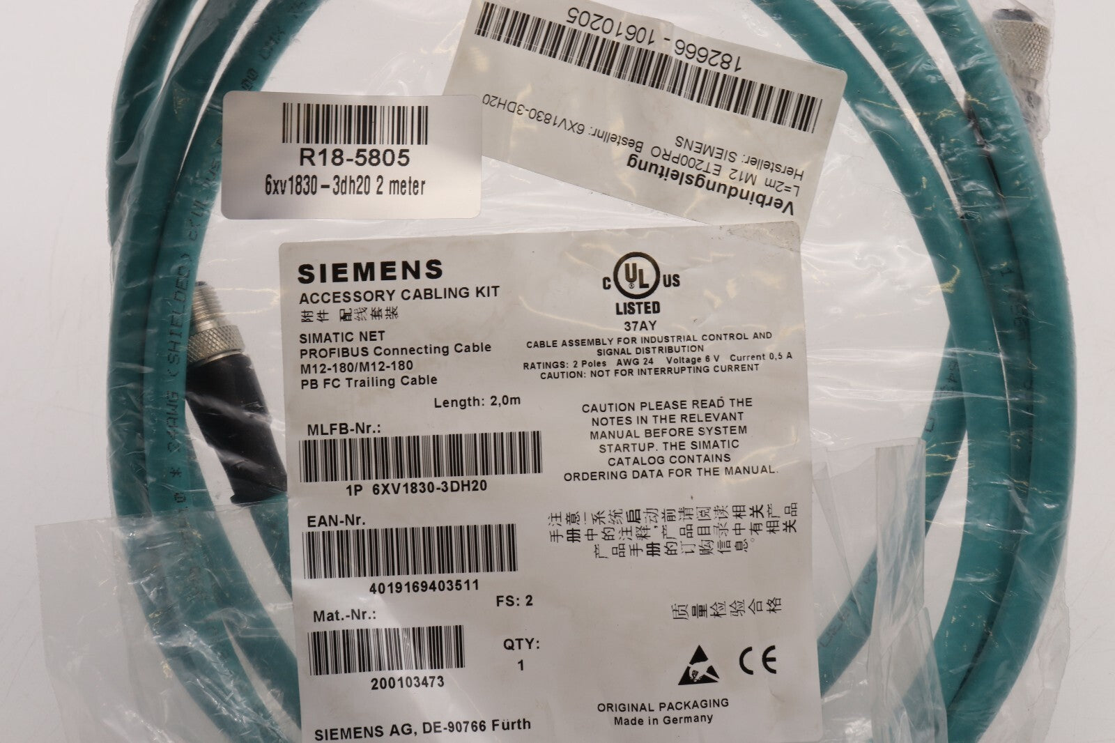 Siemens PROFIBUS CONNECTING CABLE 2METER 6XV1830-3DH20