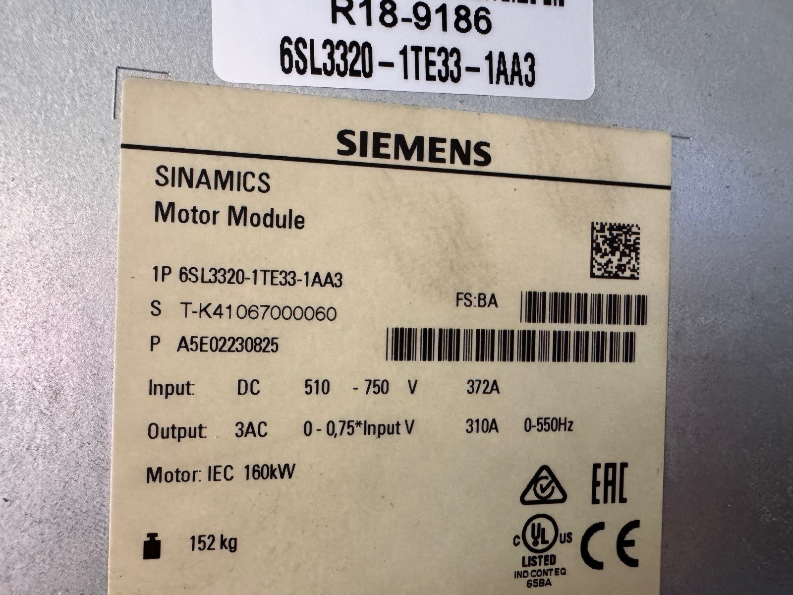SIEMENS SINAMICS MOTOR MODULE 6SL3320-1TE33-1AA3