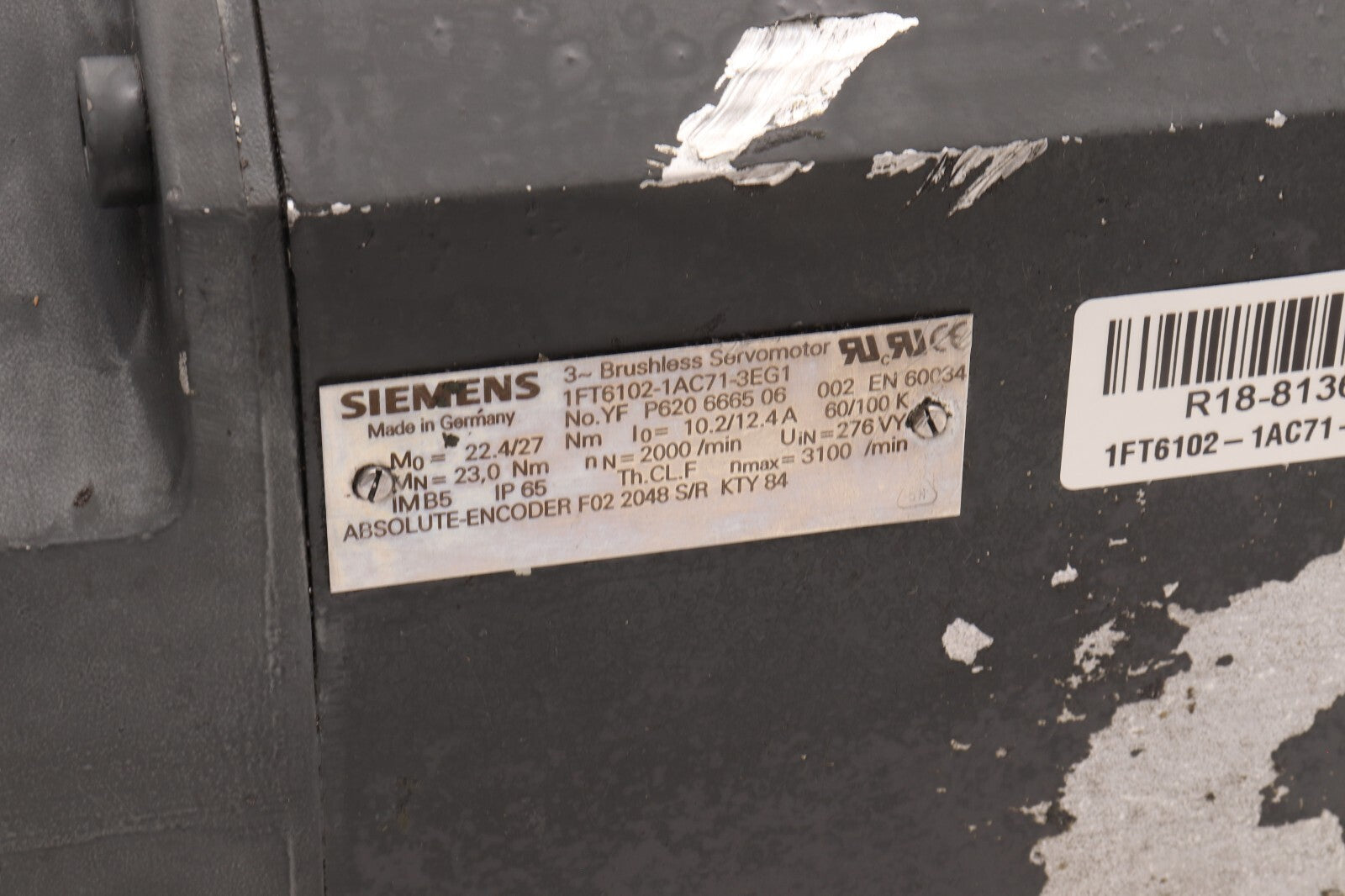 SIEMENS	3 PHASE BRUSHLESS SERVOMOTOR	1FT6102-1AC71-3EG1