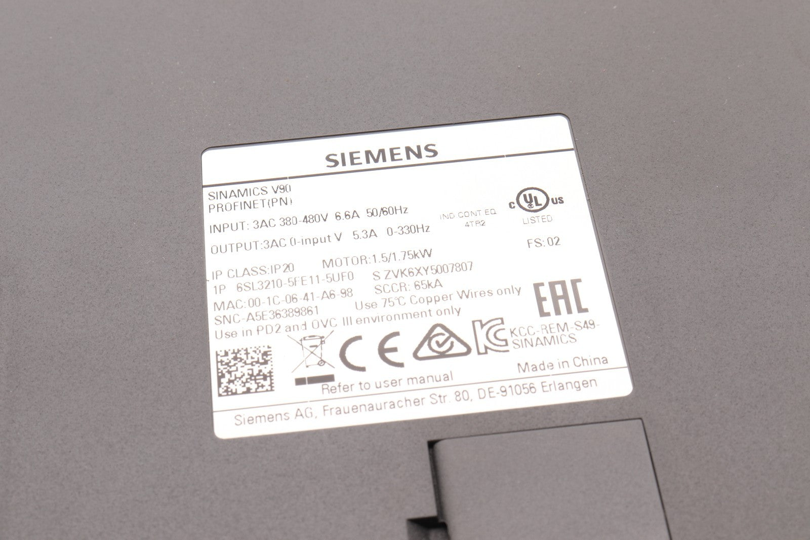 SIEMENS	SINAMICS V90 PROFINET	6SL3210-5FE11-5UF0