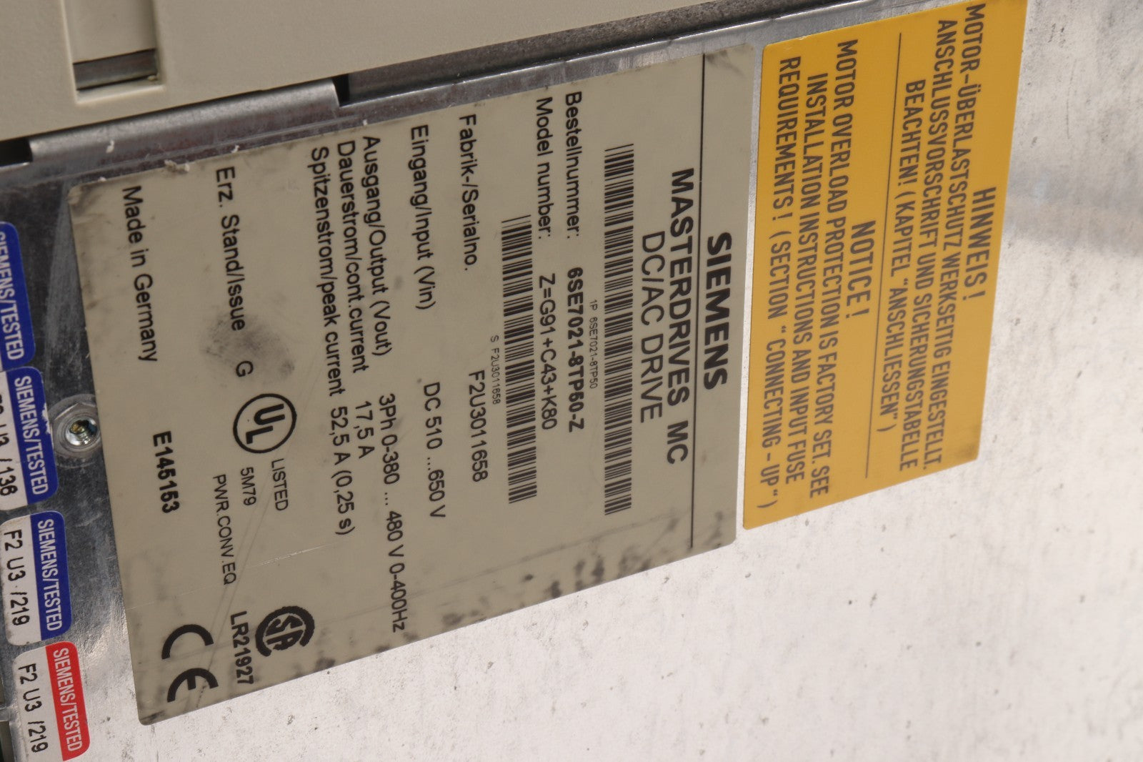 SIEMENS MASTERDRIVES MC DC/AC DRIVE 6SE7021-8TP50-Z