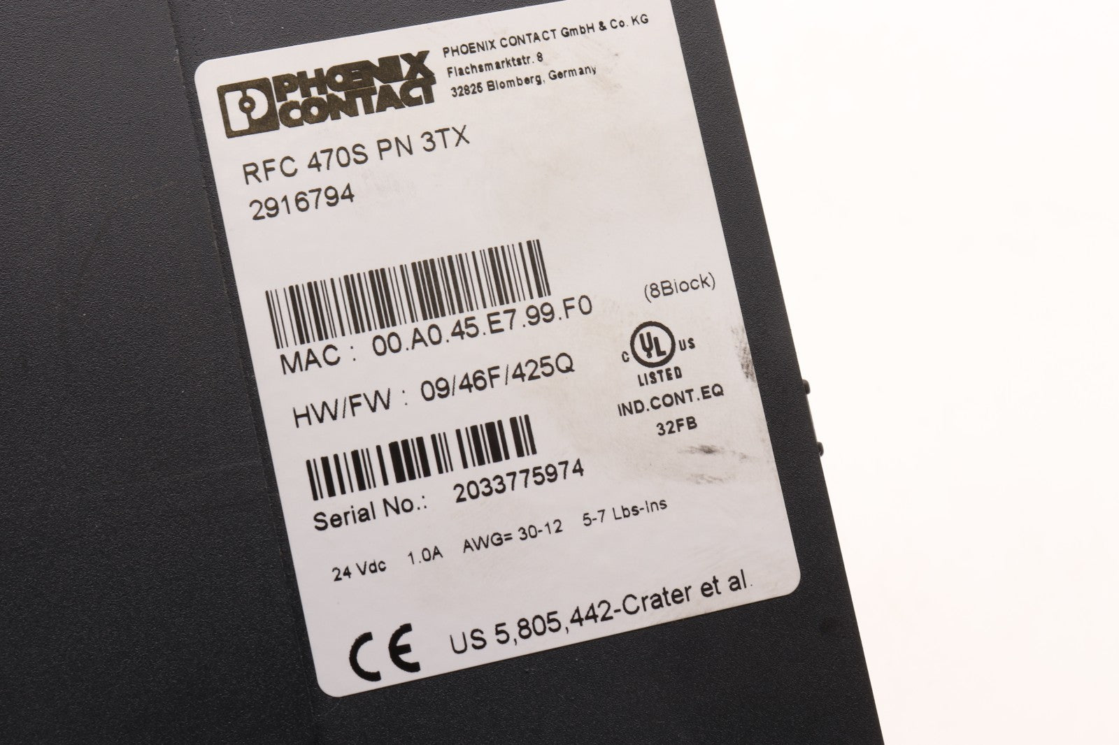 PHOENIX CONTACT	RFC 470S PN 3TX	ORD NO: 29 16 79 4
