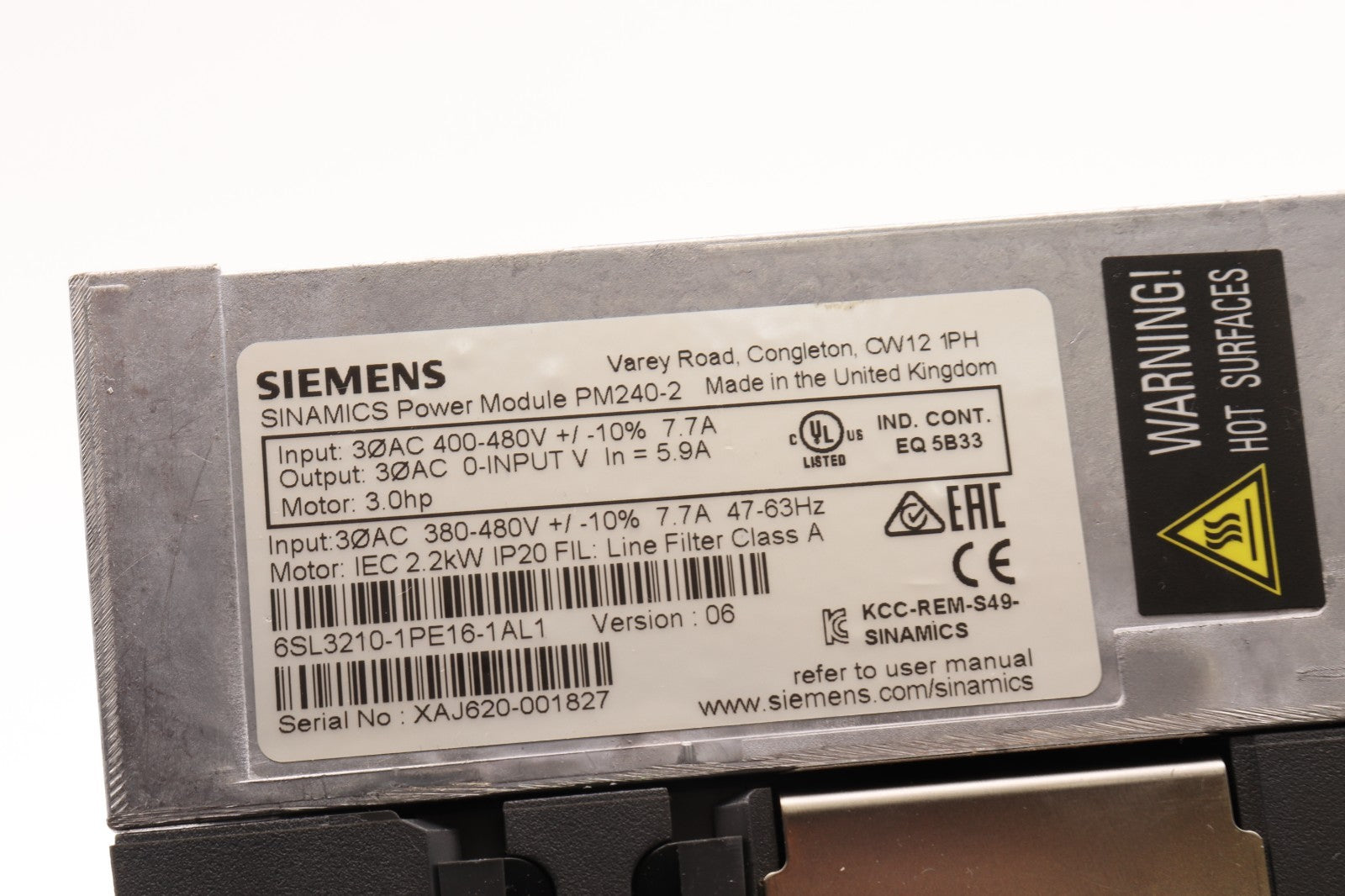 SIEMENS SINAMICS POWER MODULE PM240-2 6SL3210-1PE16-1AL1  R18-9329