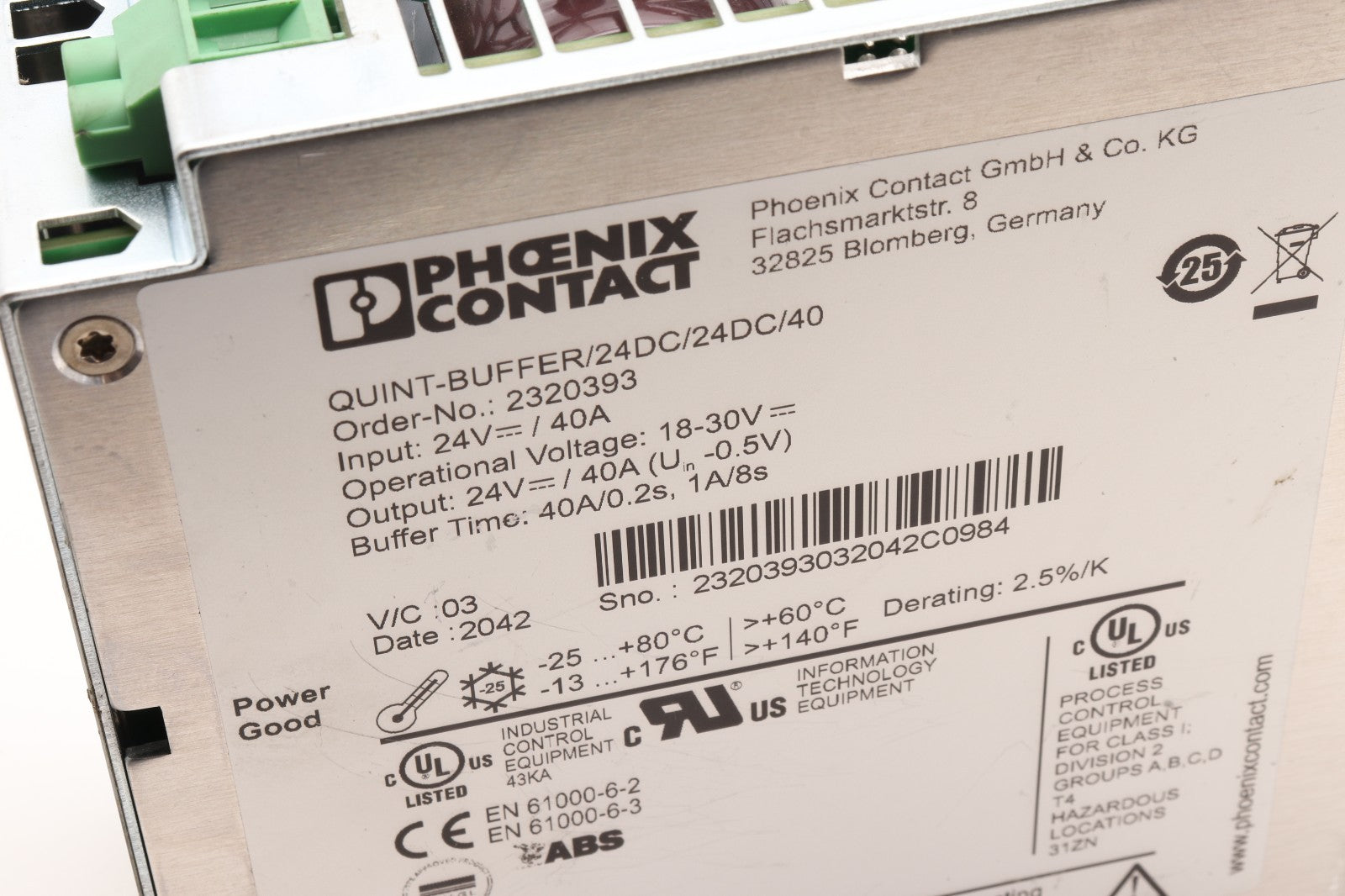PHOENIX CONTACT  QUINT BUFFER QUINT-BUFFER/24DC/24DC/40  ORDER NO: 2320393