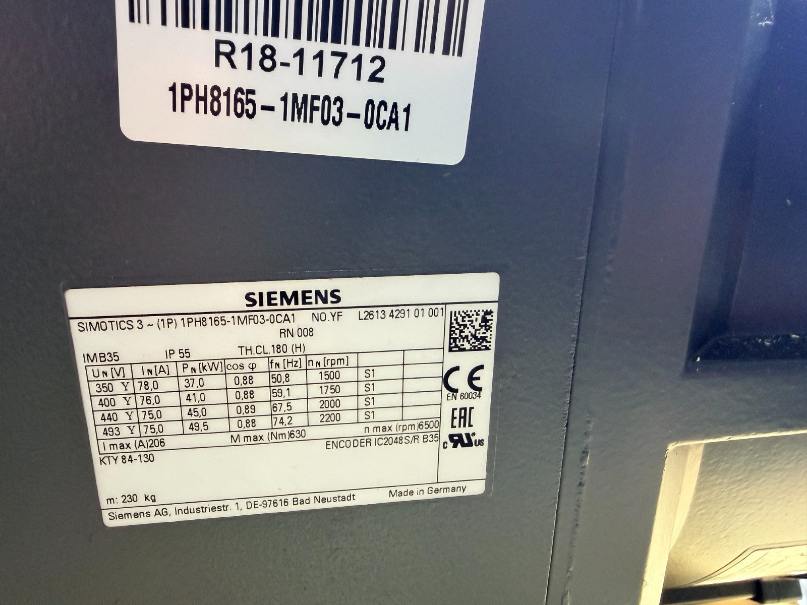 SIEMENS	SIMOTICS 3 PHASE MOTOR	1PH8165-1MF03-0CA1