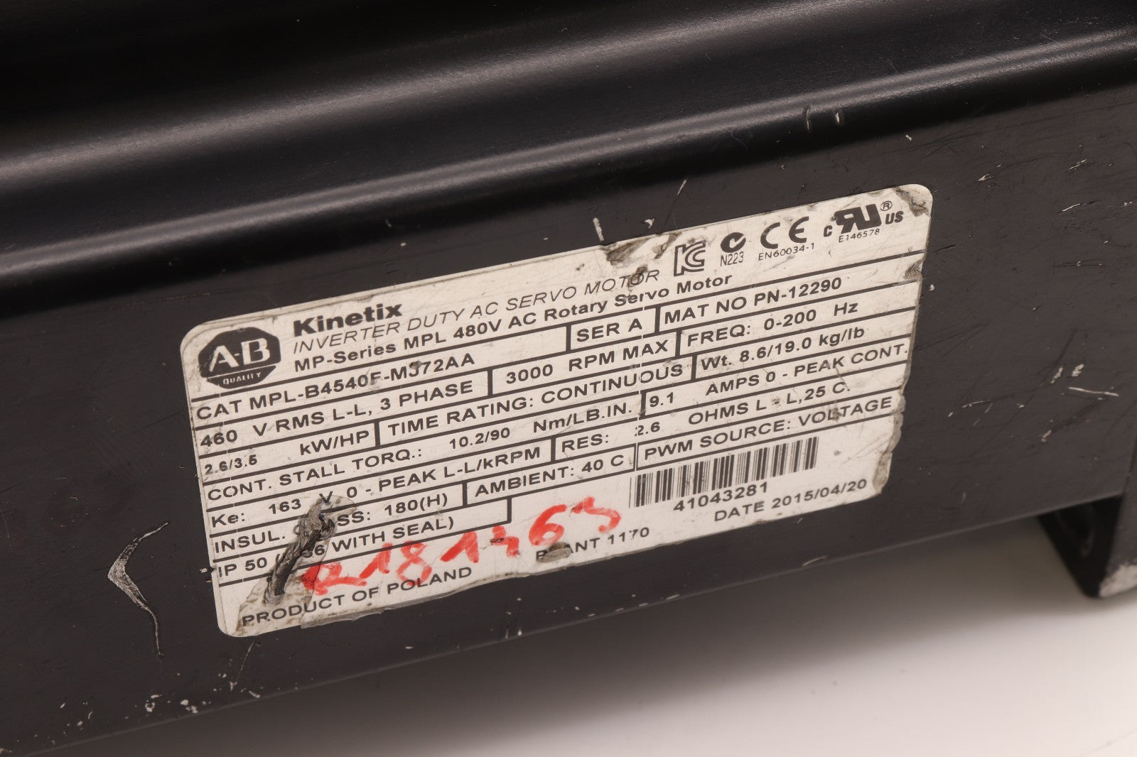 ALLEN BRADLEY	KINETIX MP SERIES MPL 480V AC ROTARY  MOTOR	CAT MPL-B4540F-MJ72AA