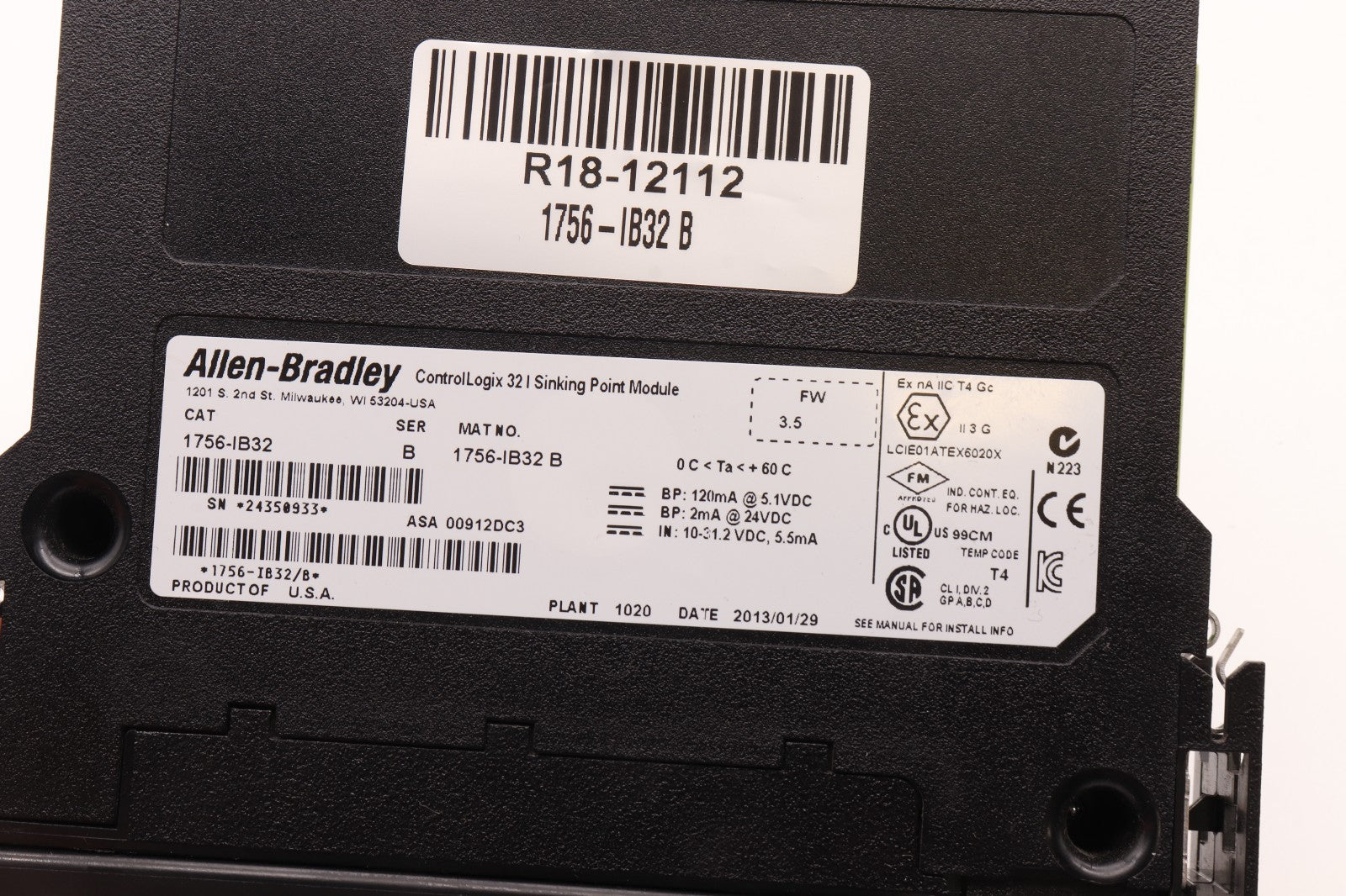 ALLEN BRADLEY	CONTROL LOGIX 32 SINKING POINT MODULE	1756-IB32 B
