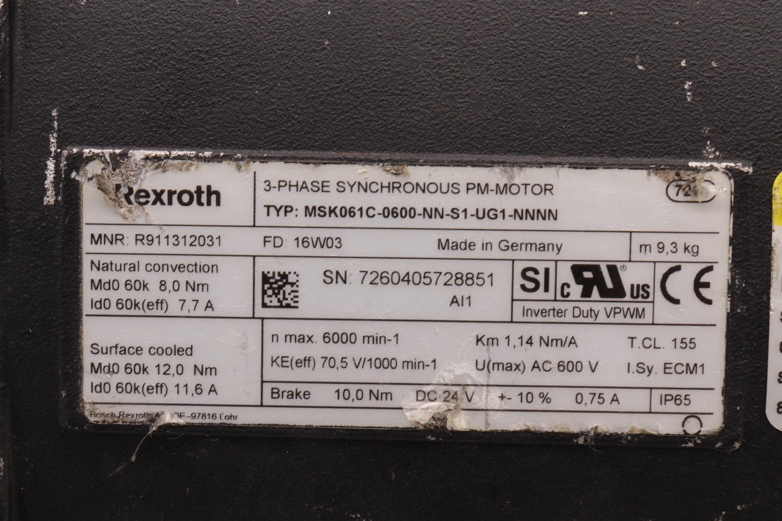 REXROTH	3 PHASE SYNCHRONOUS PM-MOTOR	MSK061C-0600-NN-S1-UG1-NNNN