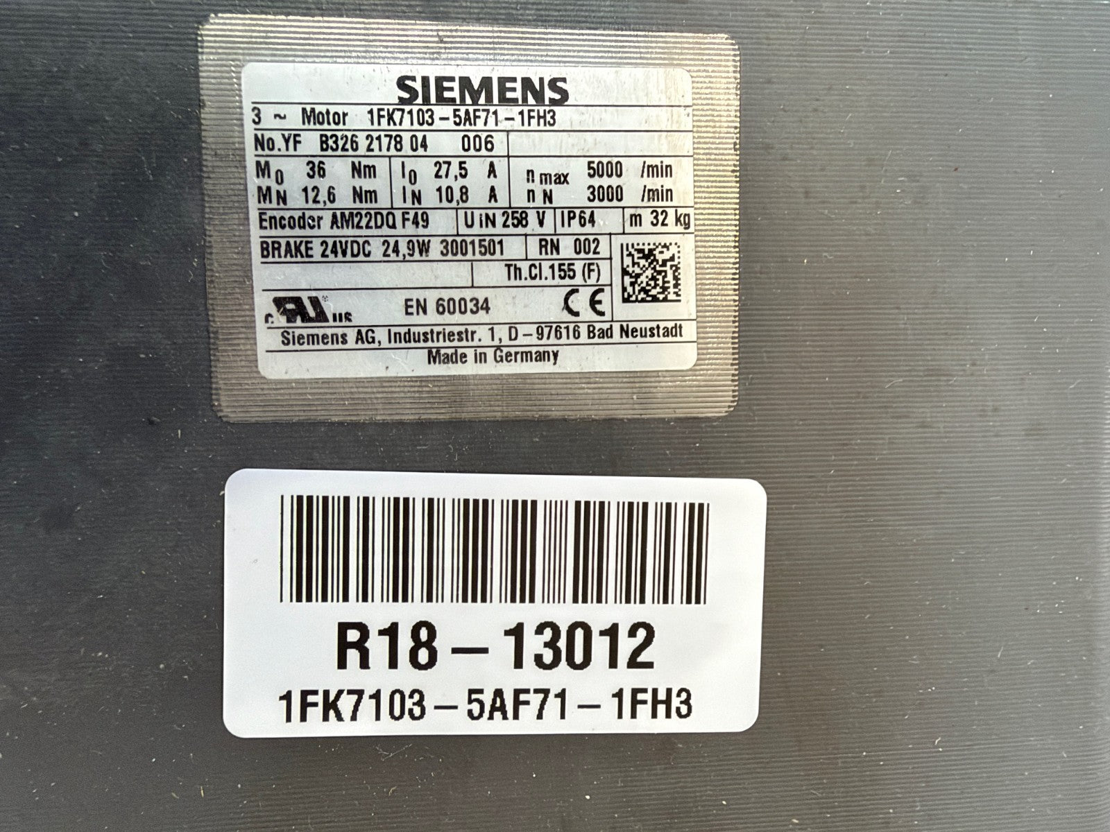 SIEMENS	3 PHASE MOTOR	1FK7103-5AF71-1FH3