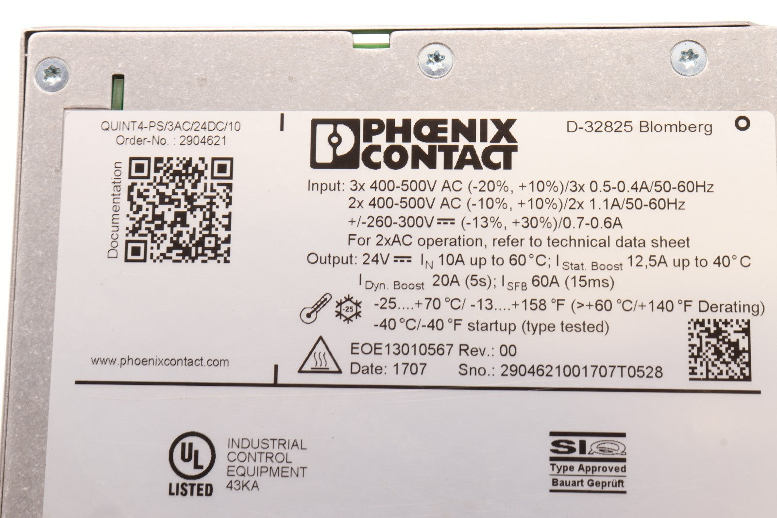 PHOENIX CONTACT	QUINT4-PS/3AC/24DC/10	ORDER NO: 2904621