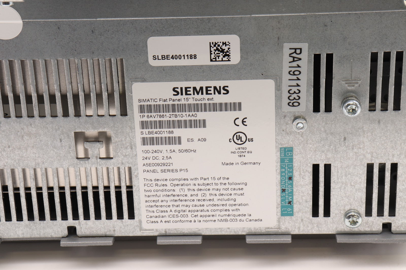 SIEMENS SIMATIC FLAT PANEL 15" TOUCH EXT. 6AV7861-2TB10-1AA0