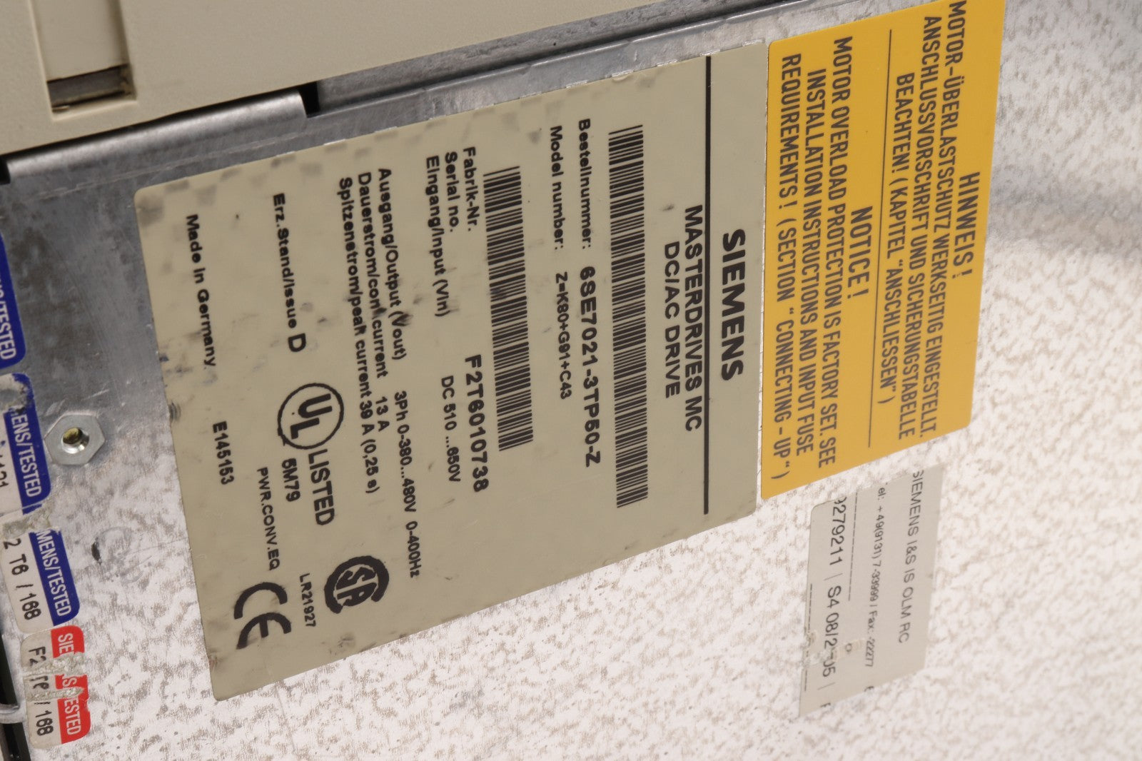 SIEMENS MASTERDRIVES MC DC/AC DRIVE 6SE7021-3TP50-Z