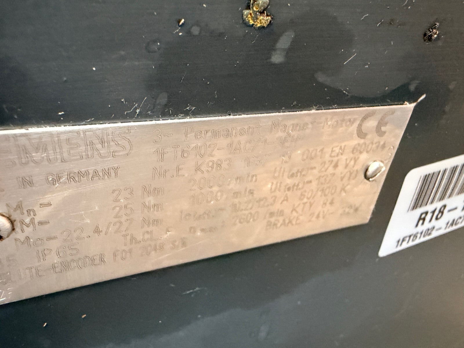 SIEMENS	3 PHASE PERMANENT MAGNET MOTOR	1FT6102-1AC71-3EH1