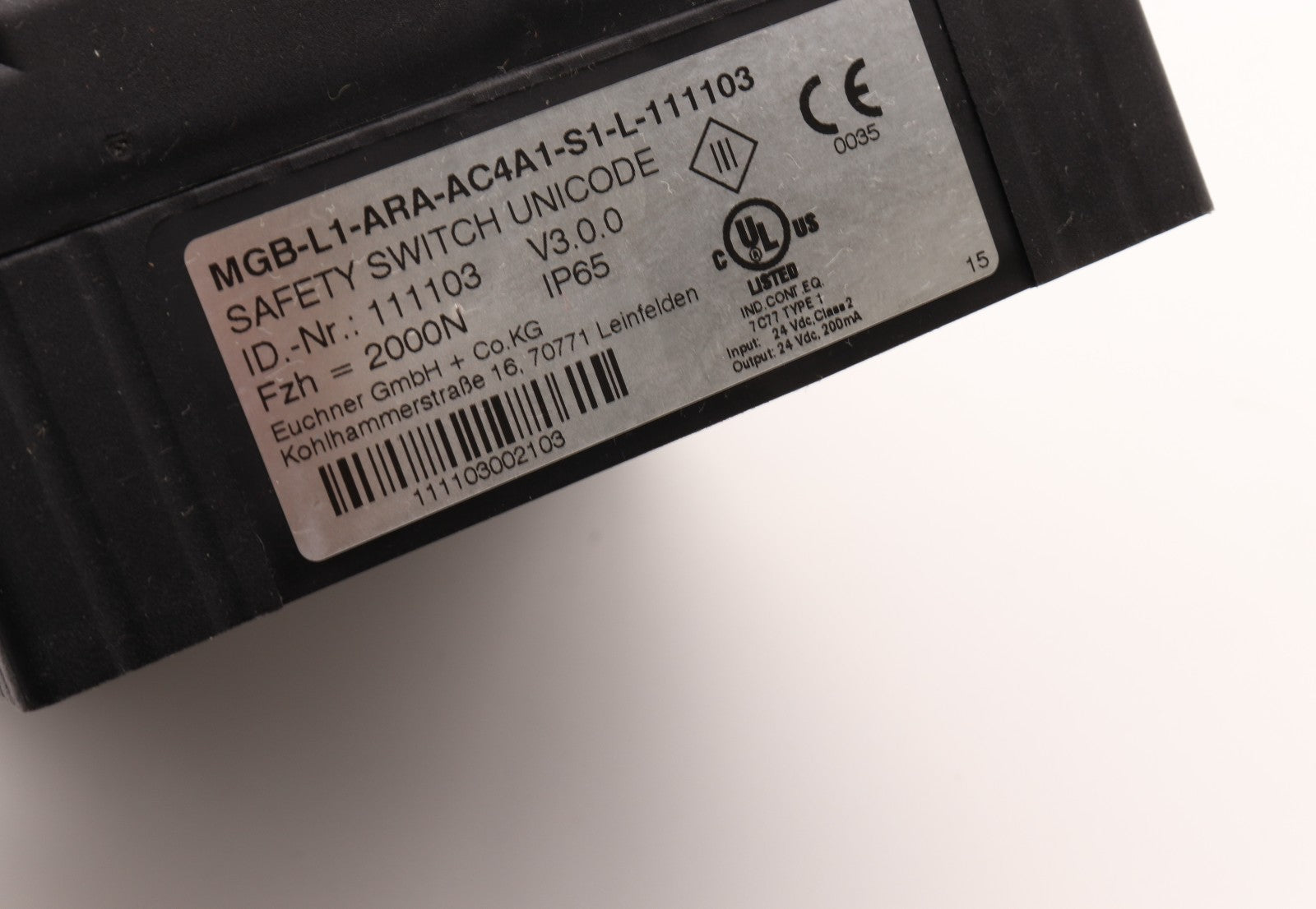 EUCHNER	SAFETY SWITCH  MGB-L1-ARA-AC4A1-S1-L-111103	ID NR: 111103